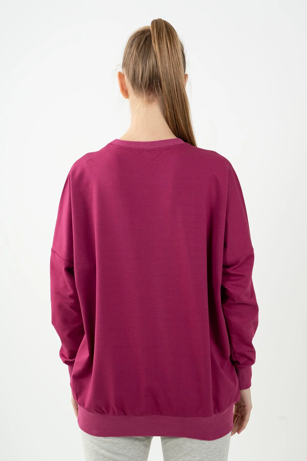 Maraton Oversize Kadın Bisiklet Yaka Vişne Sweatshirt - 3