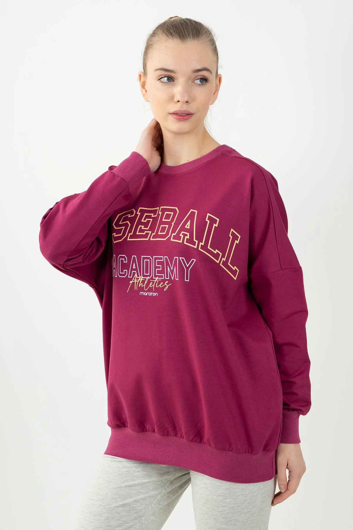 Maraton Oversize Kadın Bisiklet Yaka Vişne Sweatshirt - 4