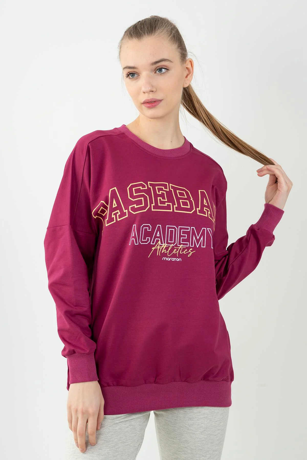 Maraton Oversize Kadın Bisiklet Yaka Vişne Sweatshirt - 5