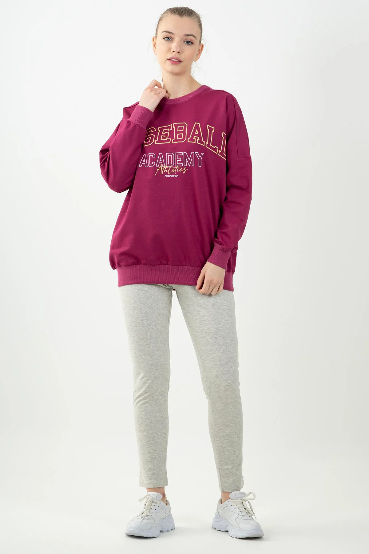 Maraton Oversize Kadın Bisiklet Yaka Vişne Sweatshirt - 6