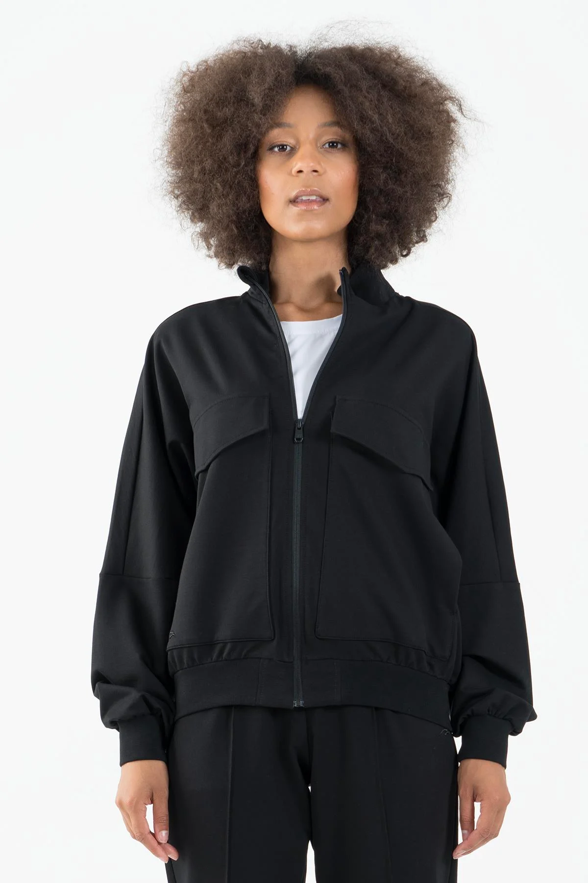 Maraton Oversize Kadın Dik Yaka Siyah- Tracktop