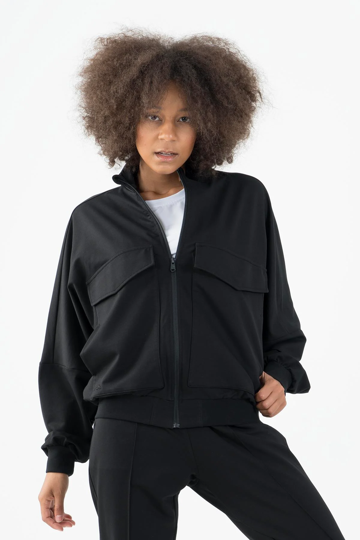 Maraton Oversize Kadın Dik Yaka Siyah- Tracktop - 4