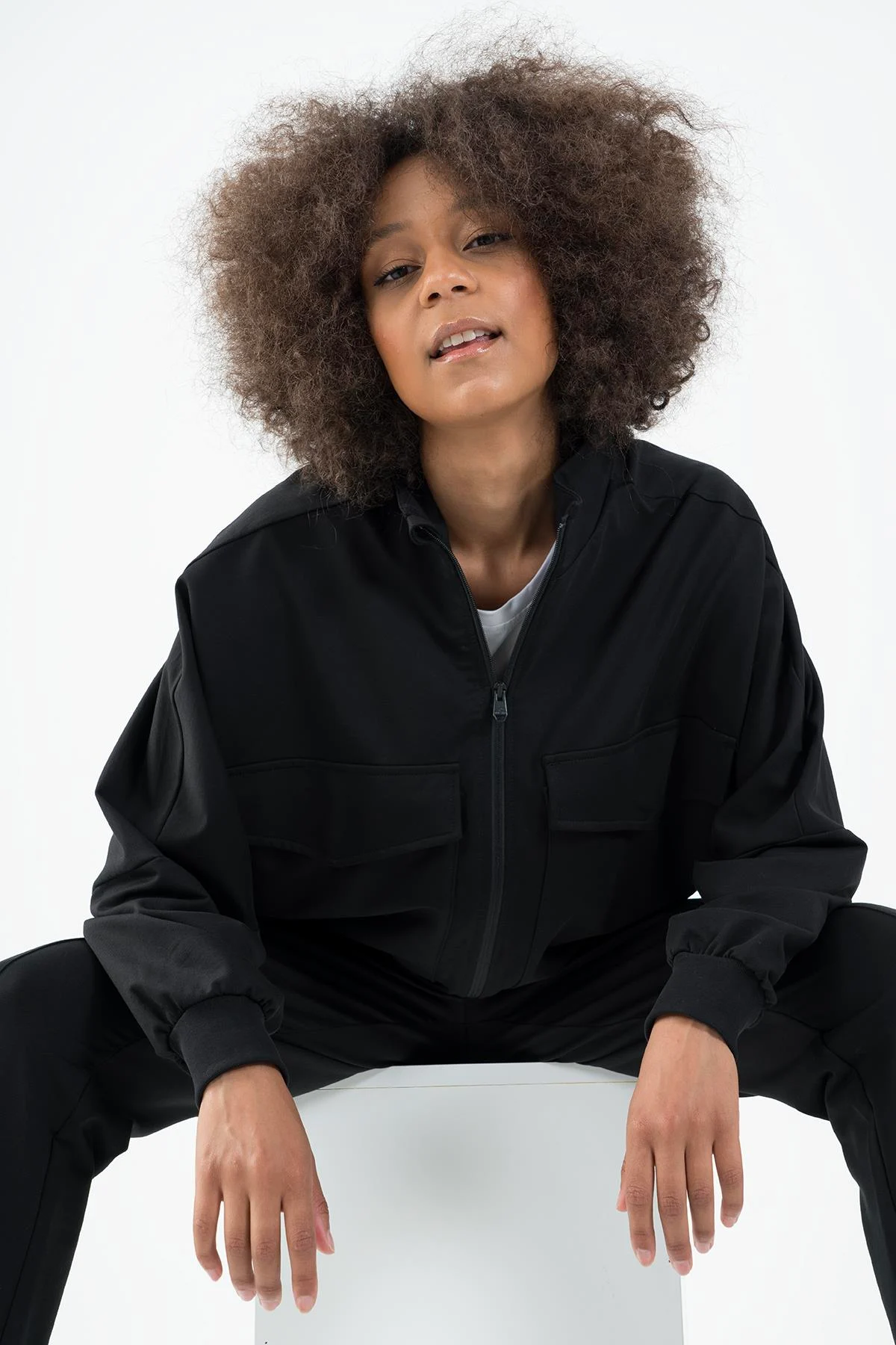 Maraton Oversize Kadın Dik Yaka Siyah- Tracktop - 5