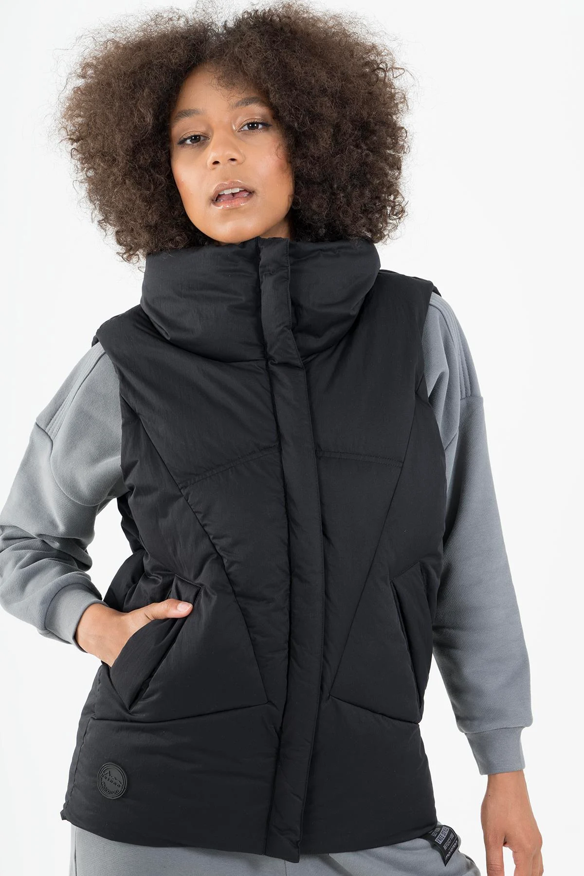 Maraton Oversize Kadın Dik Yaka Siyah Yelek