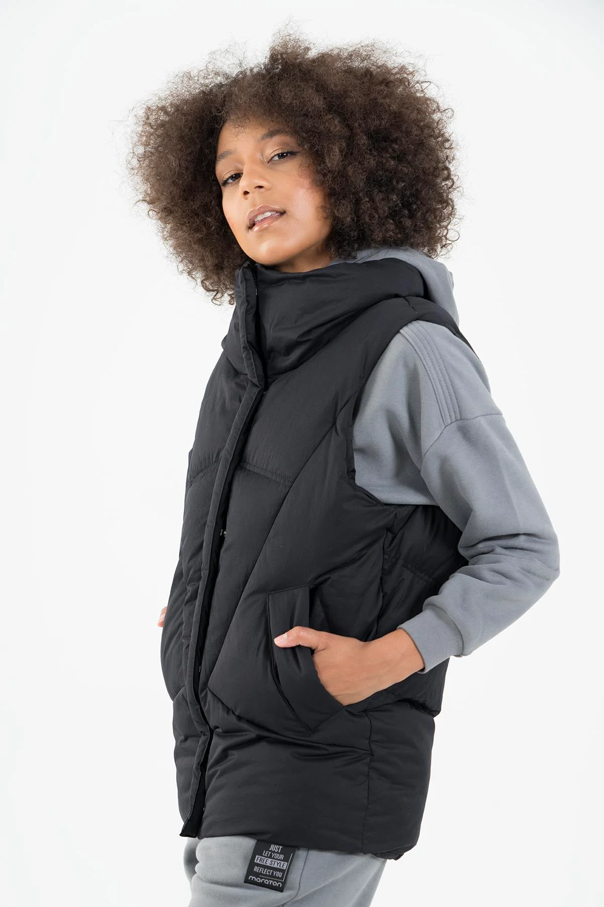 Maraton Oversize Kadın Dik Yaka Siyah Yelek - 4