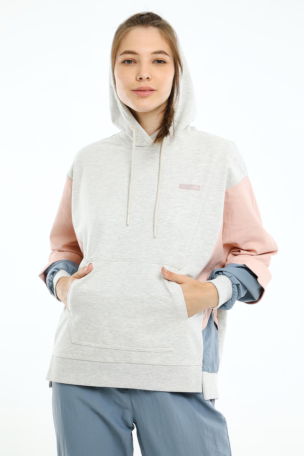 Maraton Oversize Kadın Kapüşonlu Ekru Melanj Sweatshirt
