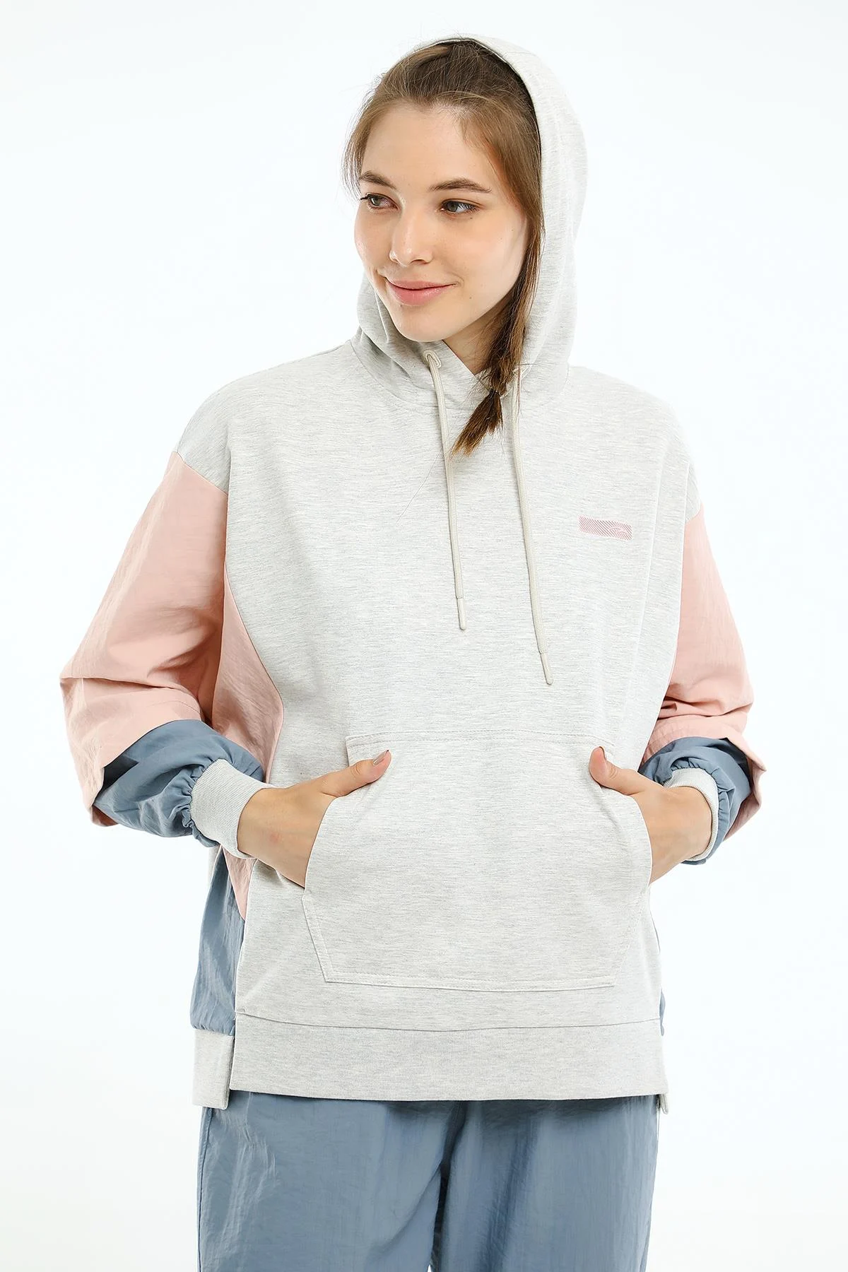 Maraton Oversize Kadın Kapüşonlu Ekru Melanj Sweatshirt - 4