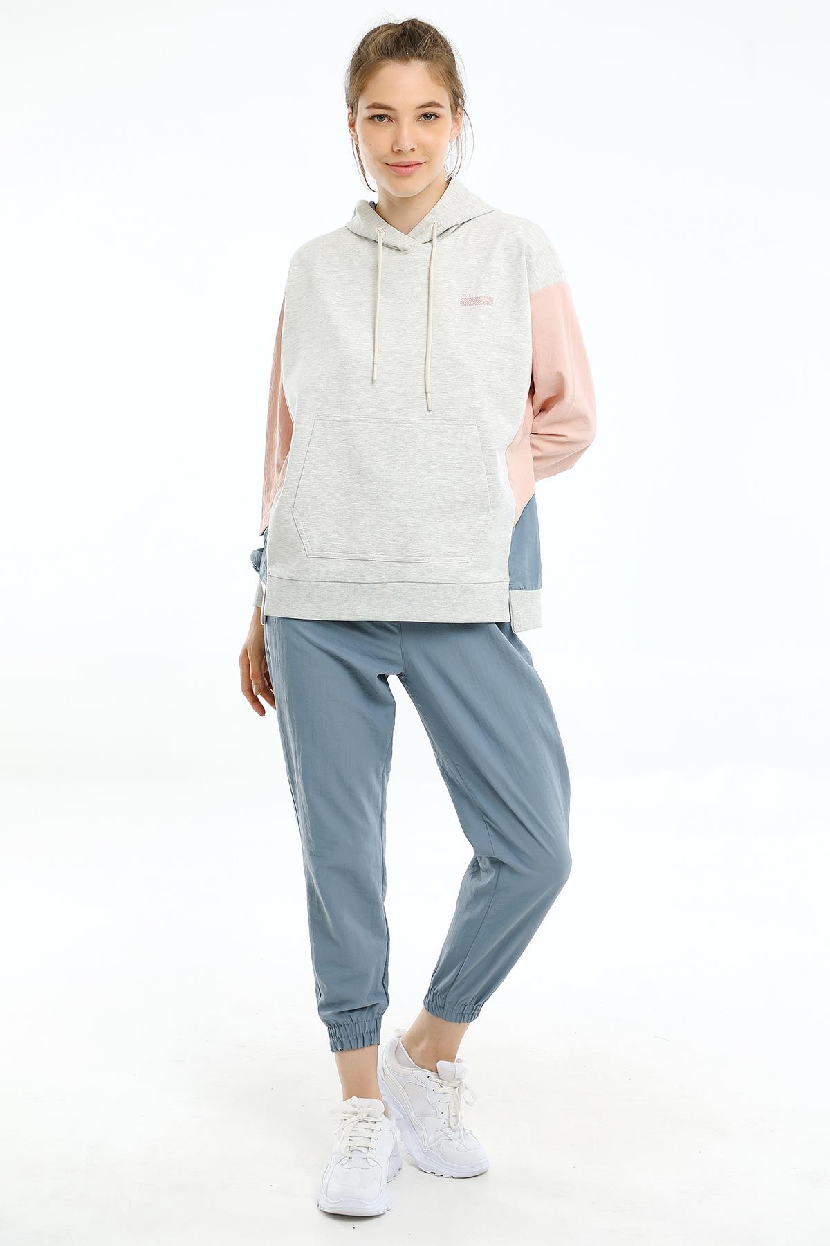 Maraton Oversize Kadın Kapüşonlu Ekru Melanj Sweatshirt - 5