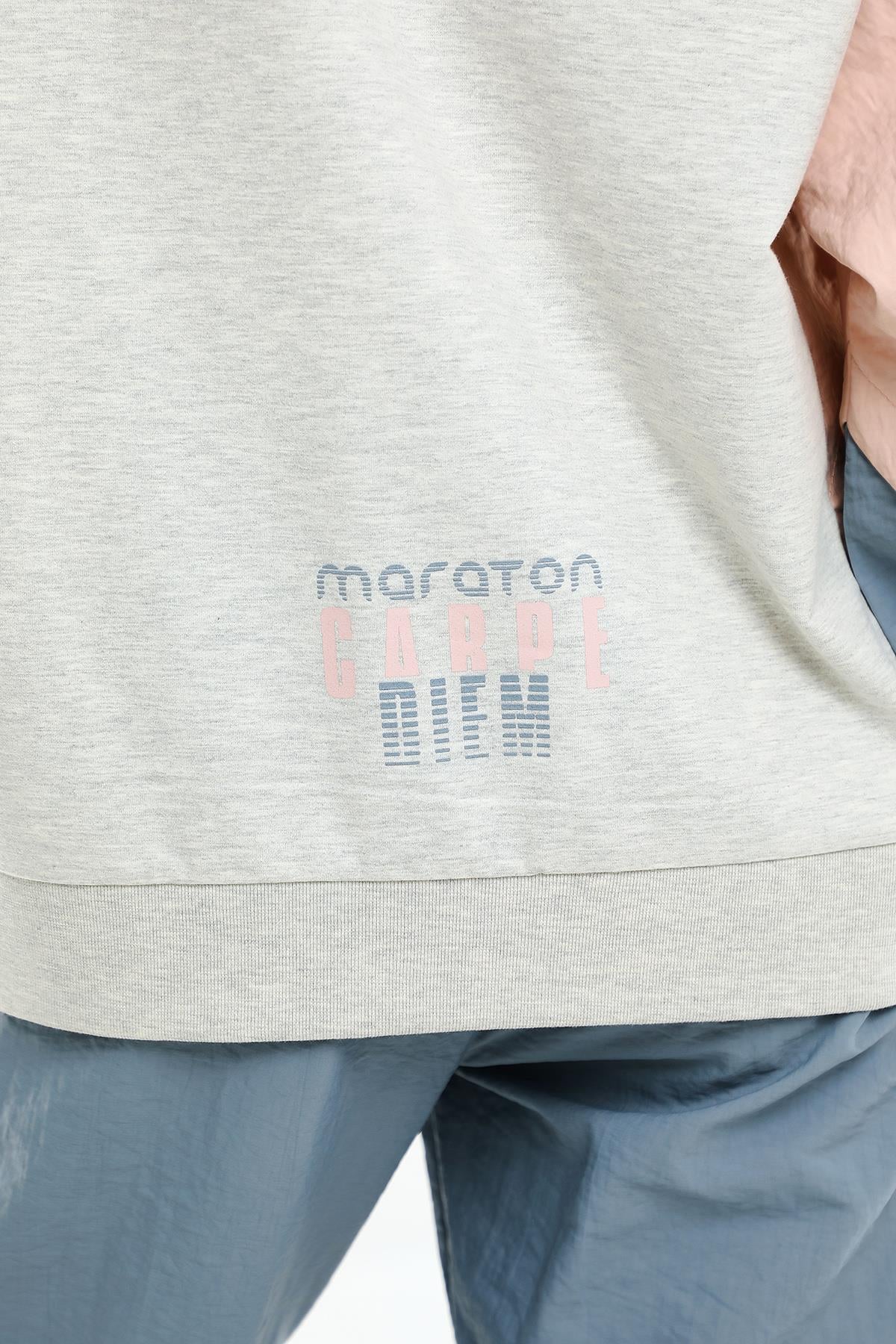 Maraton Oversize Kadın Kapüşonlu Ekru Melanj Sweatshirt - 6