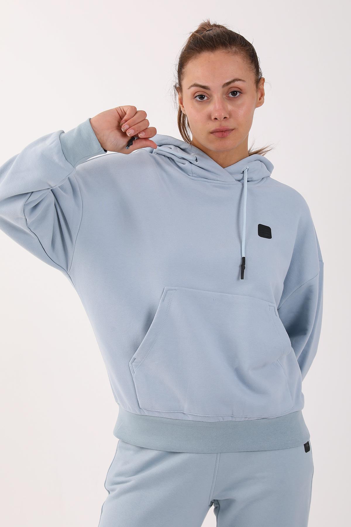 Maraton Oversize Kadın Kapüşonlu Sisli Mavi Sweatshirt
