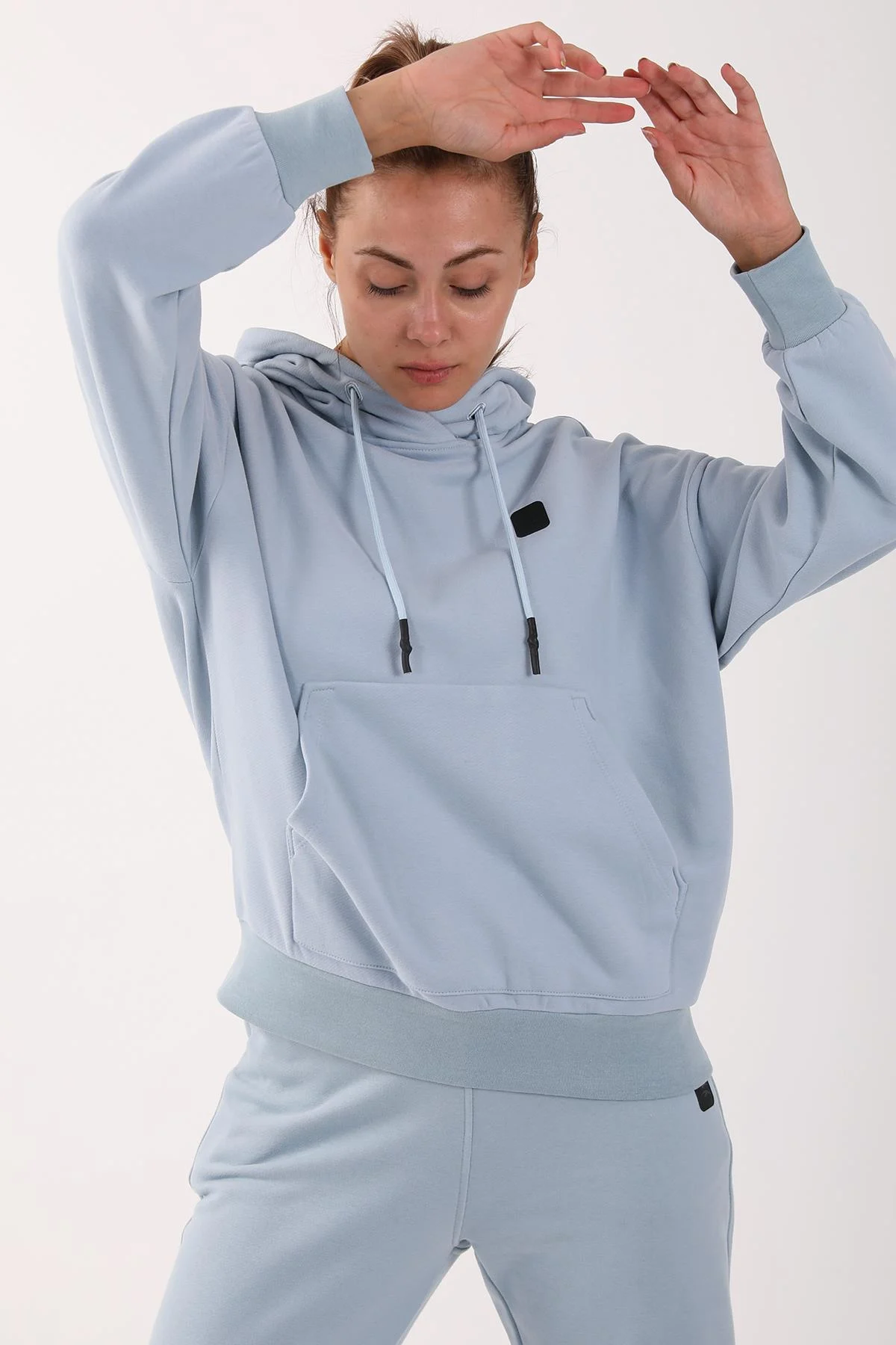 Maraton Oversize Kadın Kapüşonlu Sisli Mavi Sweatshirt - 5