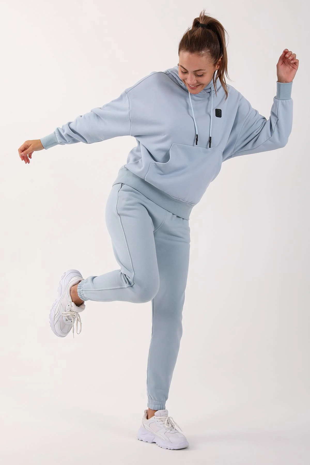 Maraton Oversize Kadın Kapüşonlu Sisli Mavi Sweatshirt - 6