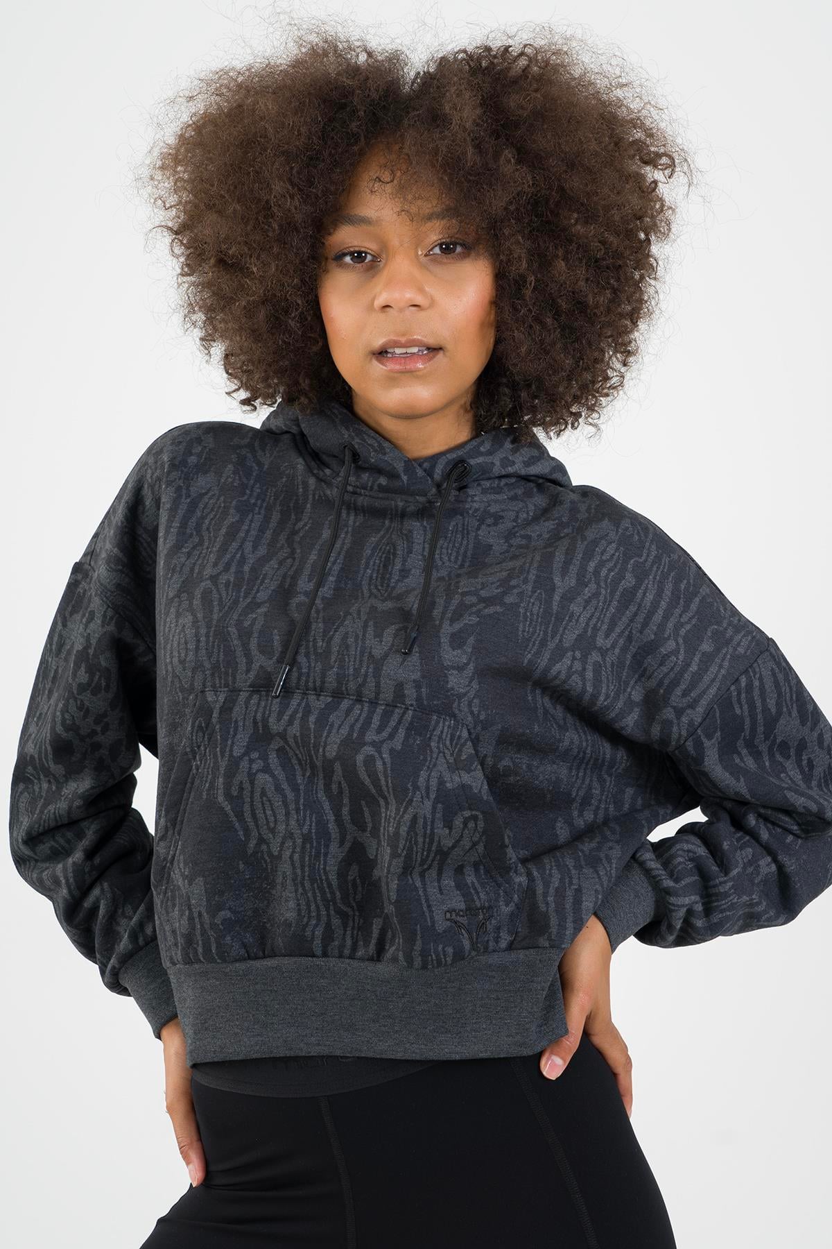 Maraton Oversize Kadın Kapüşonlu Siyah Melanj Sweatshirt