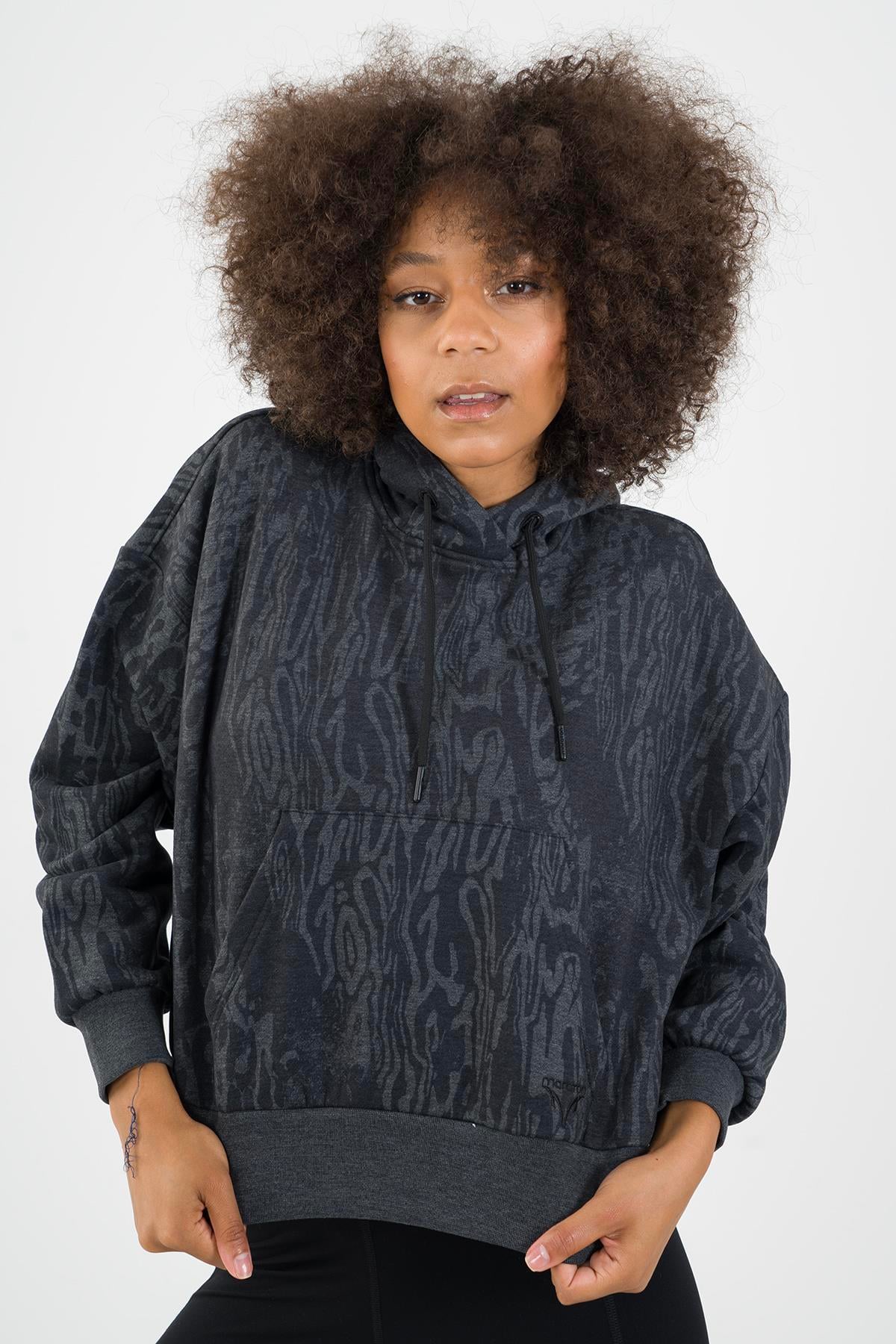 Maraton Oversize Kadın Kapüşonlu Siyah Melanj Sweatshirt - 3