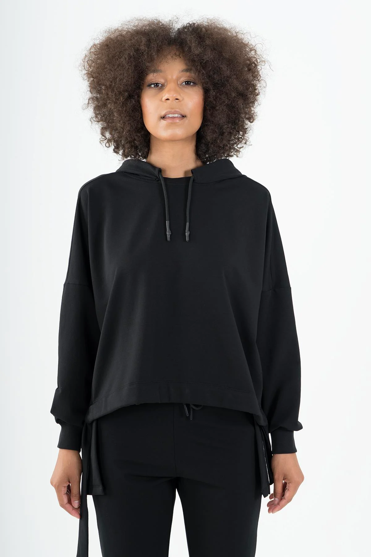 Maraton Oversize Kadın Kapüşonlu Siyah- Sweatshirt