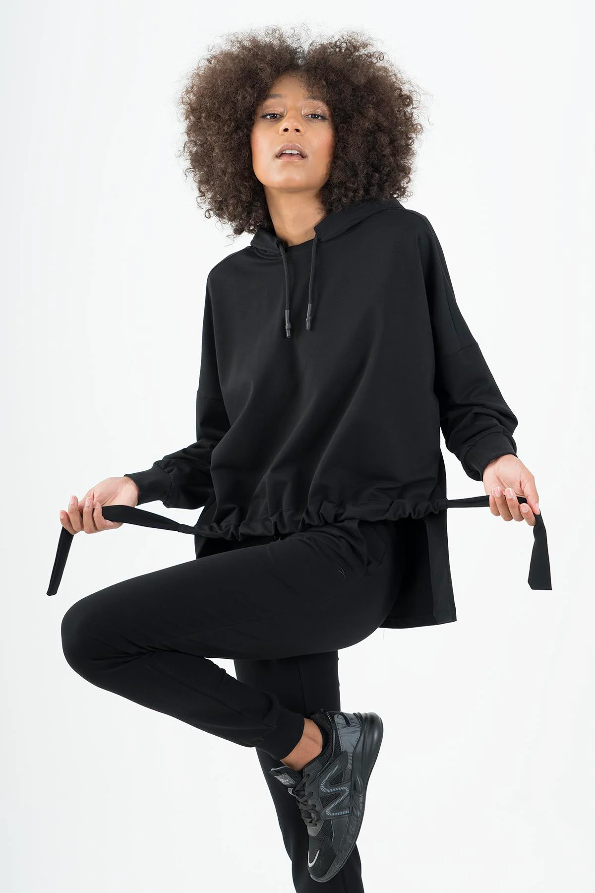 Maraton Oversize Kadın Kapüşonlu Siyah- Sweatshirt - 5