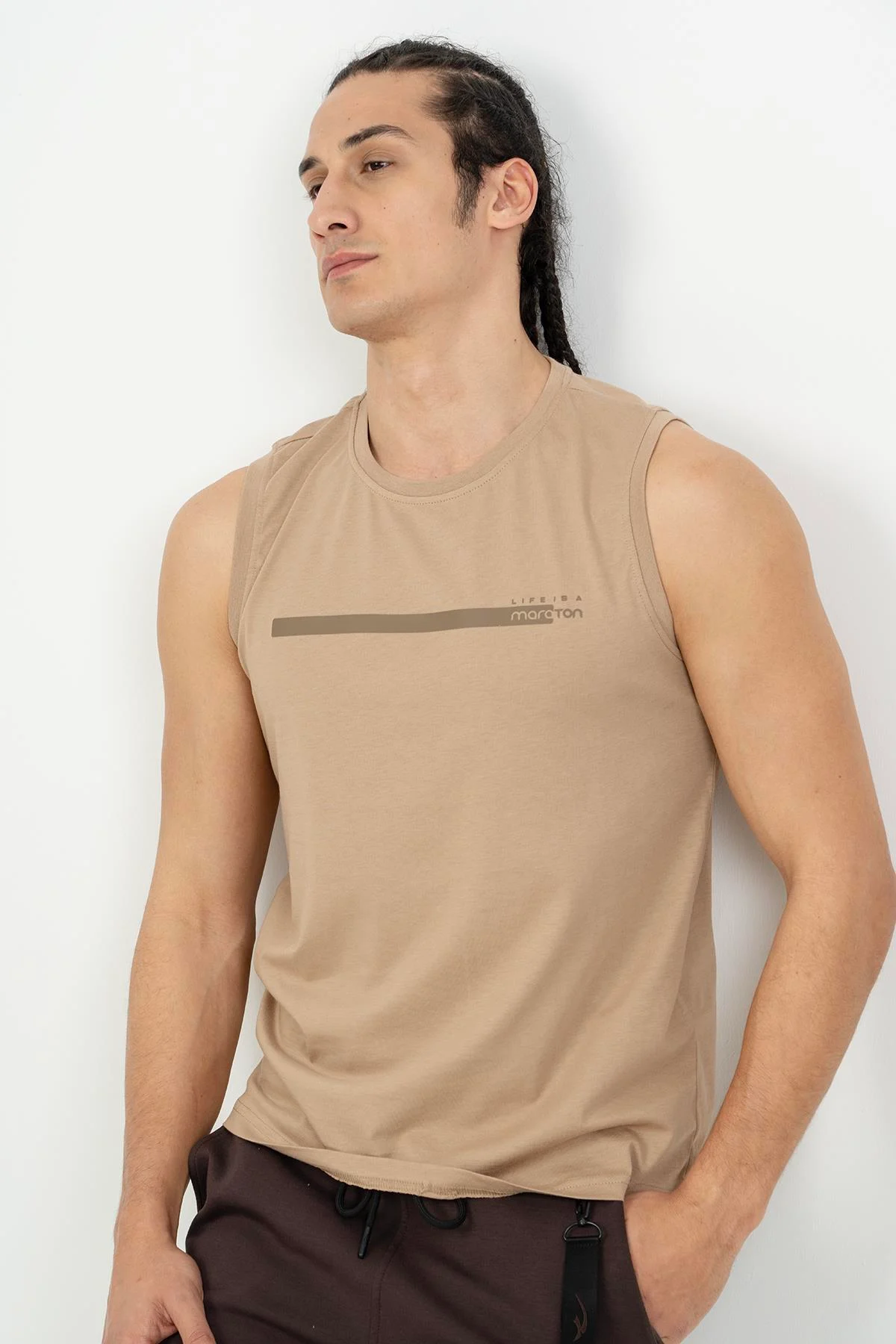 Maraton Regular Erkek Bisiklet Yaka Açık Vizon Atlet - 5