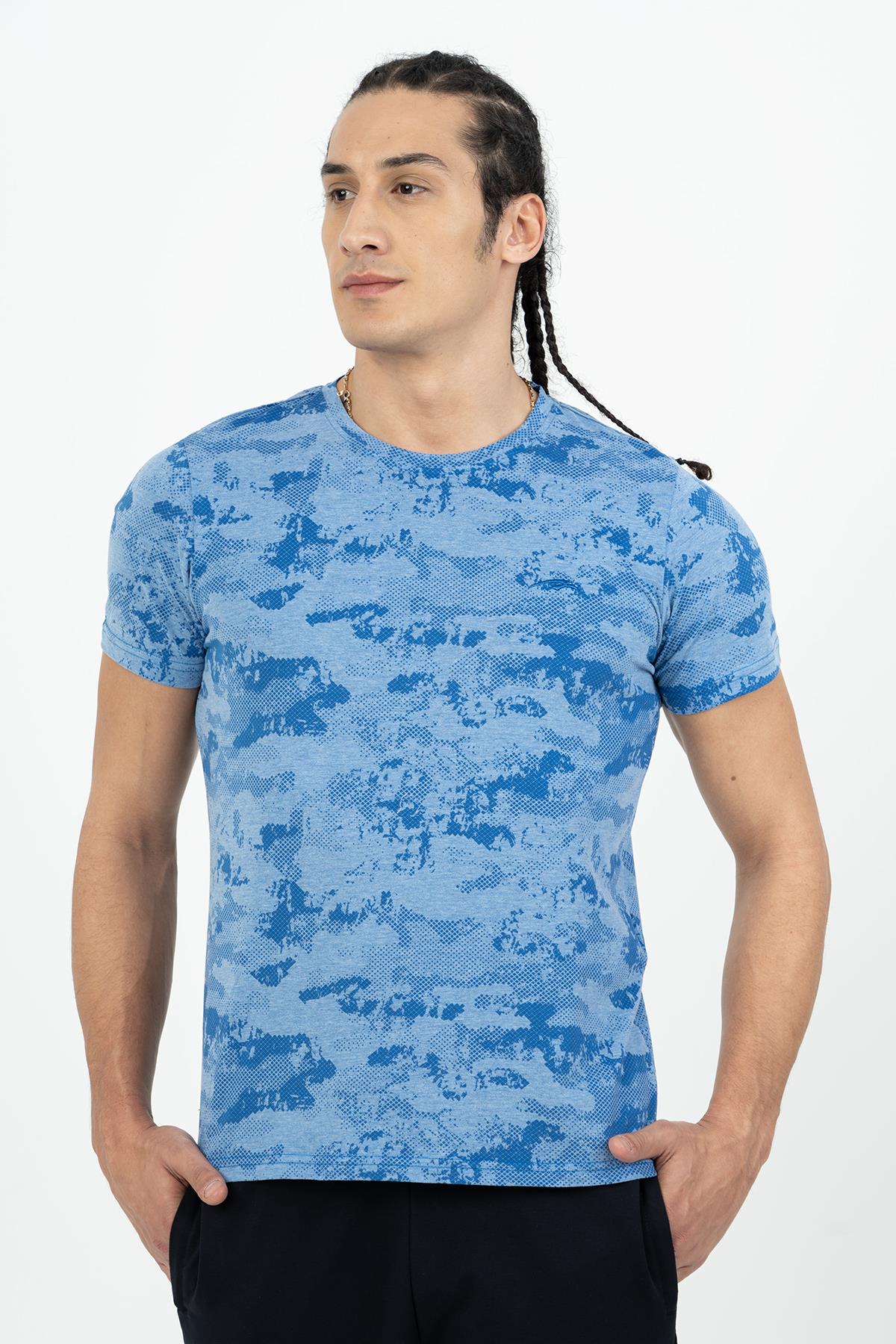 Maraton Regular Erkek Bisiklet Yaka Sisli Mavi T-shirt