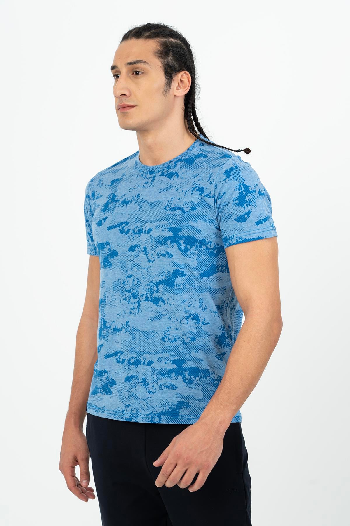 Maraton Regular Erkek Bisiklet Yaka Sisli Mavi T-shirt - 5