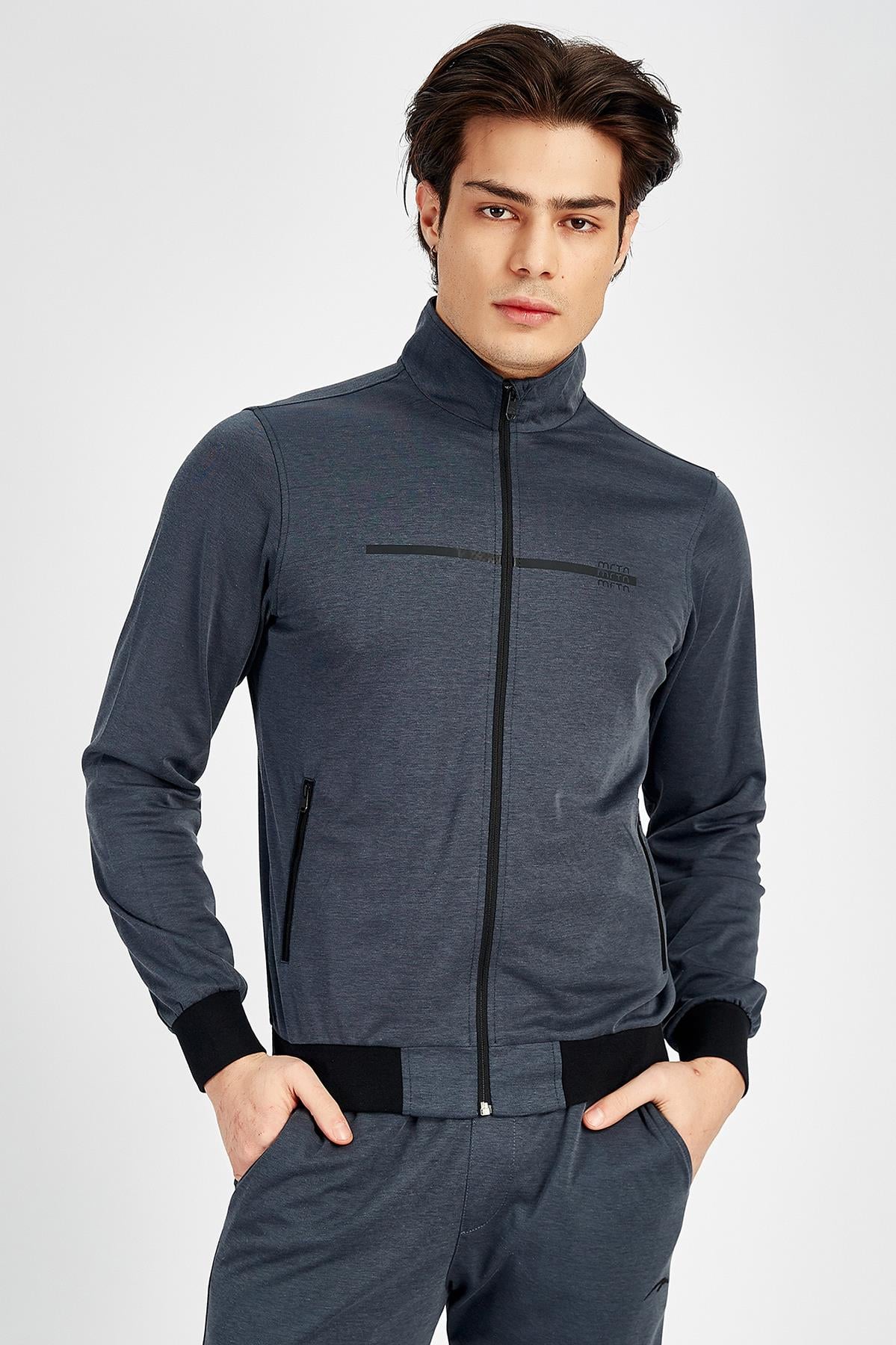 Maraton Regular Erkek Dik Yaka Siyahmelanj Eşofman Üstü