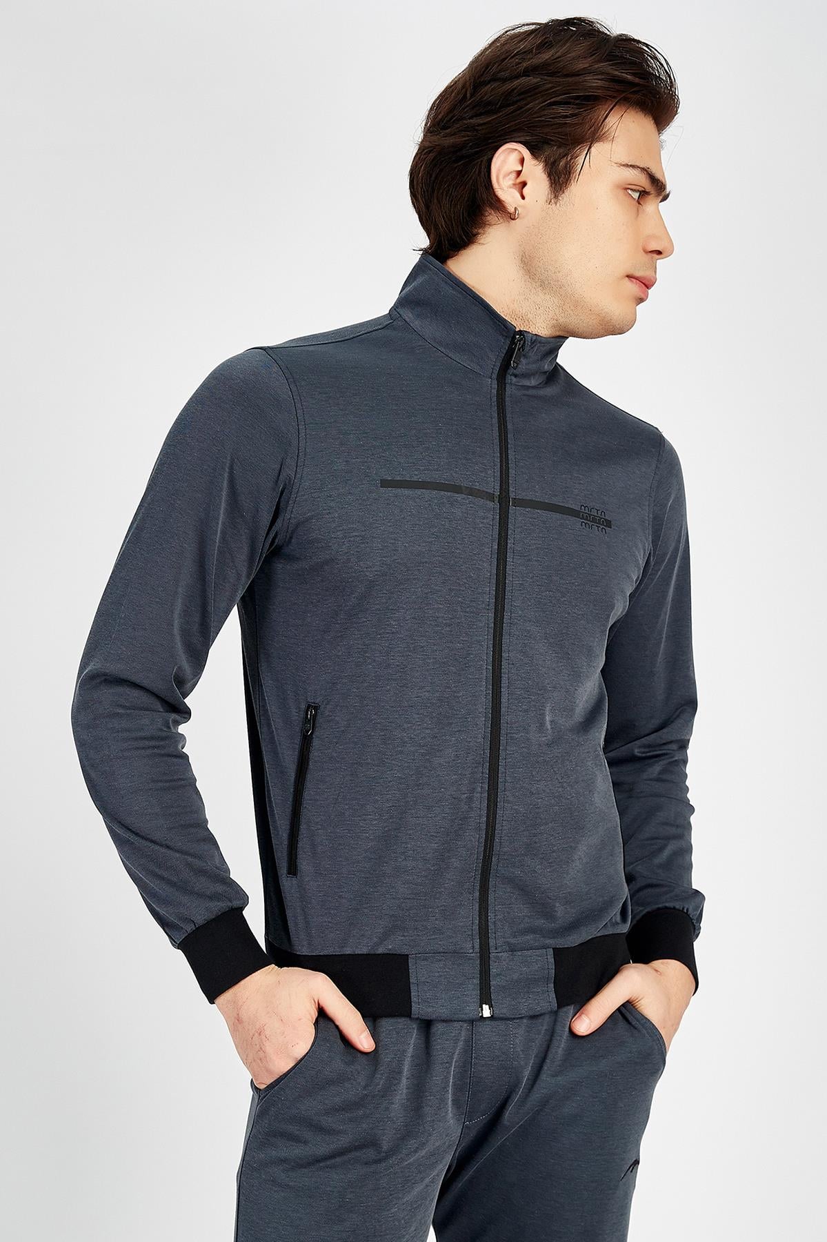 Maraton Regular Erkek Dik Yaka Siyahmelanj Eşofman Üstü - 4