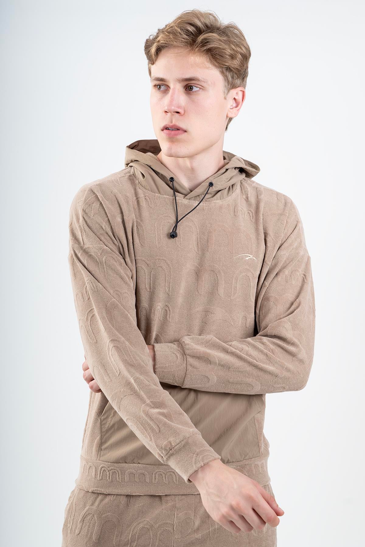 Maraton Regular Erkek Kapüşonlu Açık Vizon Sweatshirt - 4