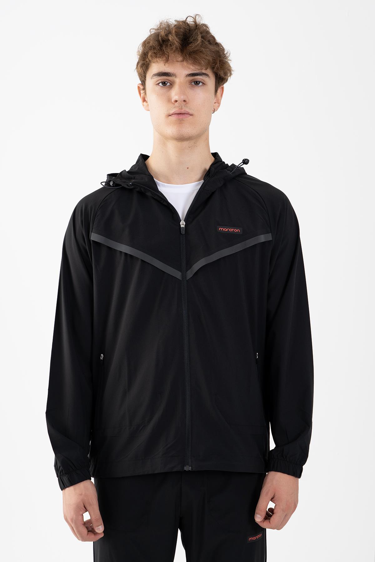 Maraton Regular Erkek Kapüşonlu Siyah-Turuncu Eşofman Üstü