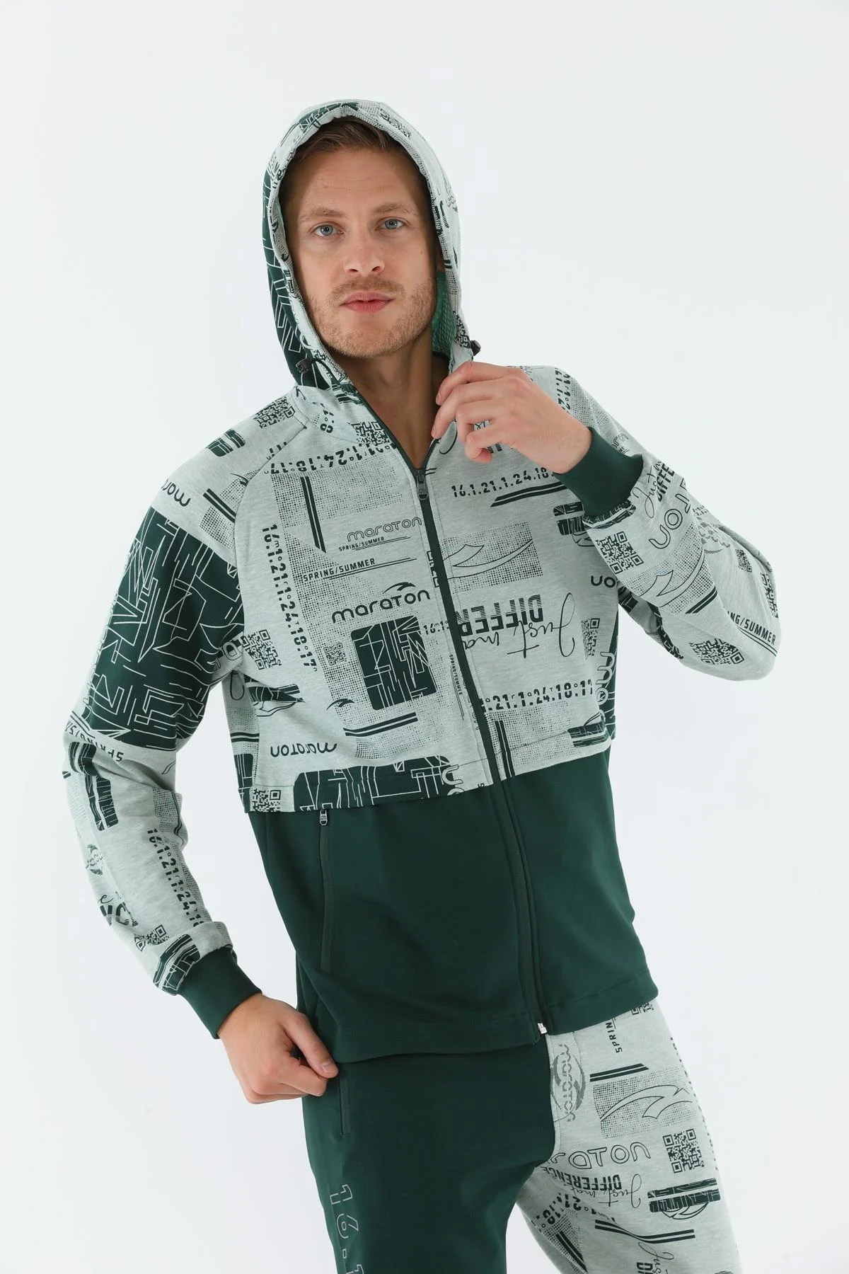 Maraton Regular Erkek Kapüşonlu Su Yeşili Eşofman Üstü