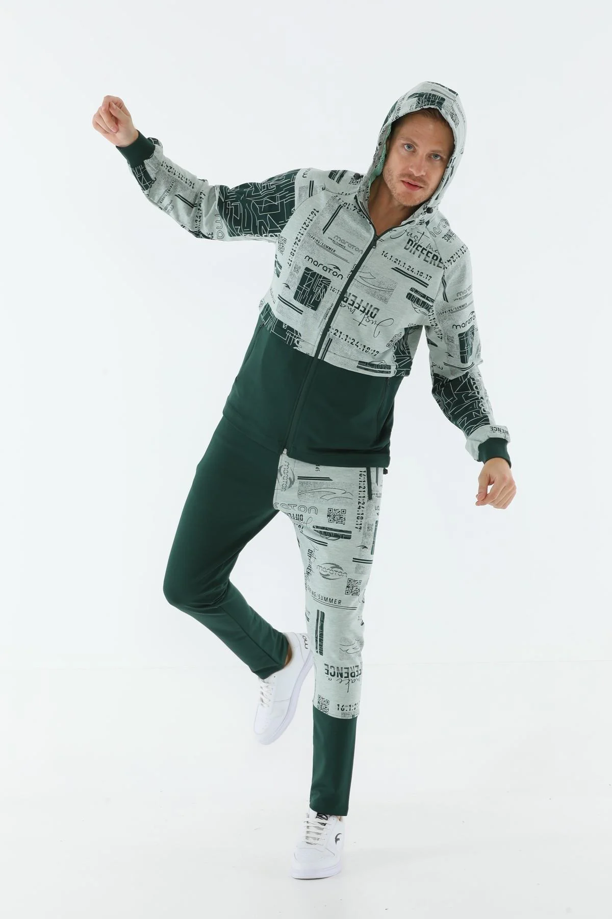 Maraton Regular Erkek Kapüşonlu Su Yeşili Eşofman Üstü - 5