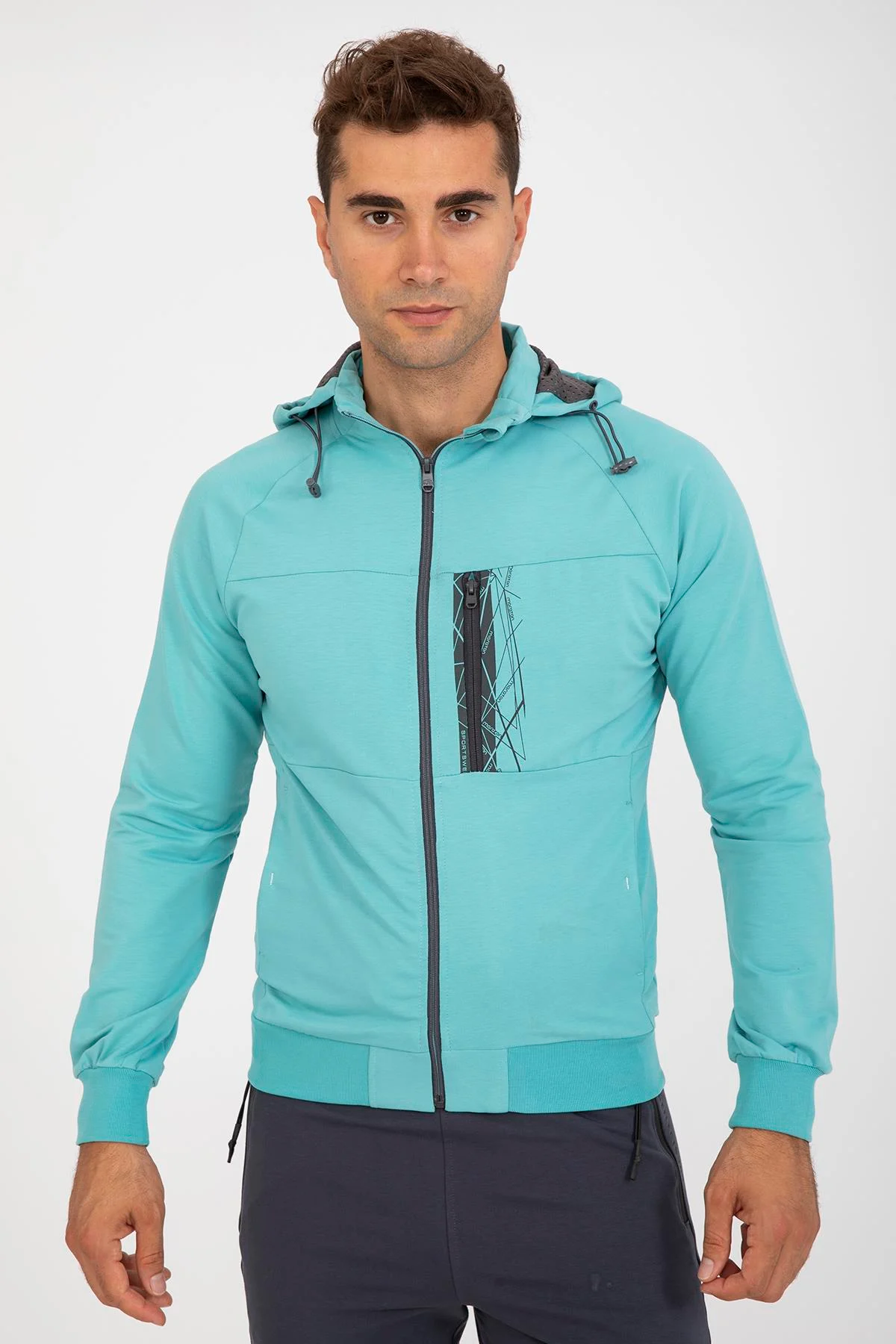 Maraton Regular Erkek Kapüşonlu Turkuaz Eşofman Üstü