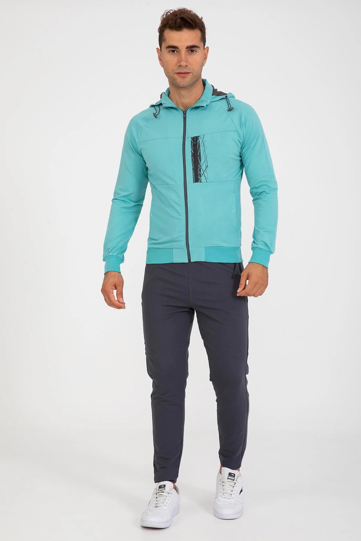 Maraton Regular Erkek Kapüşonlu Turkuaz Eşofman Üstü - 4