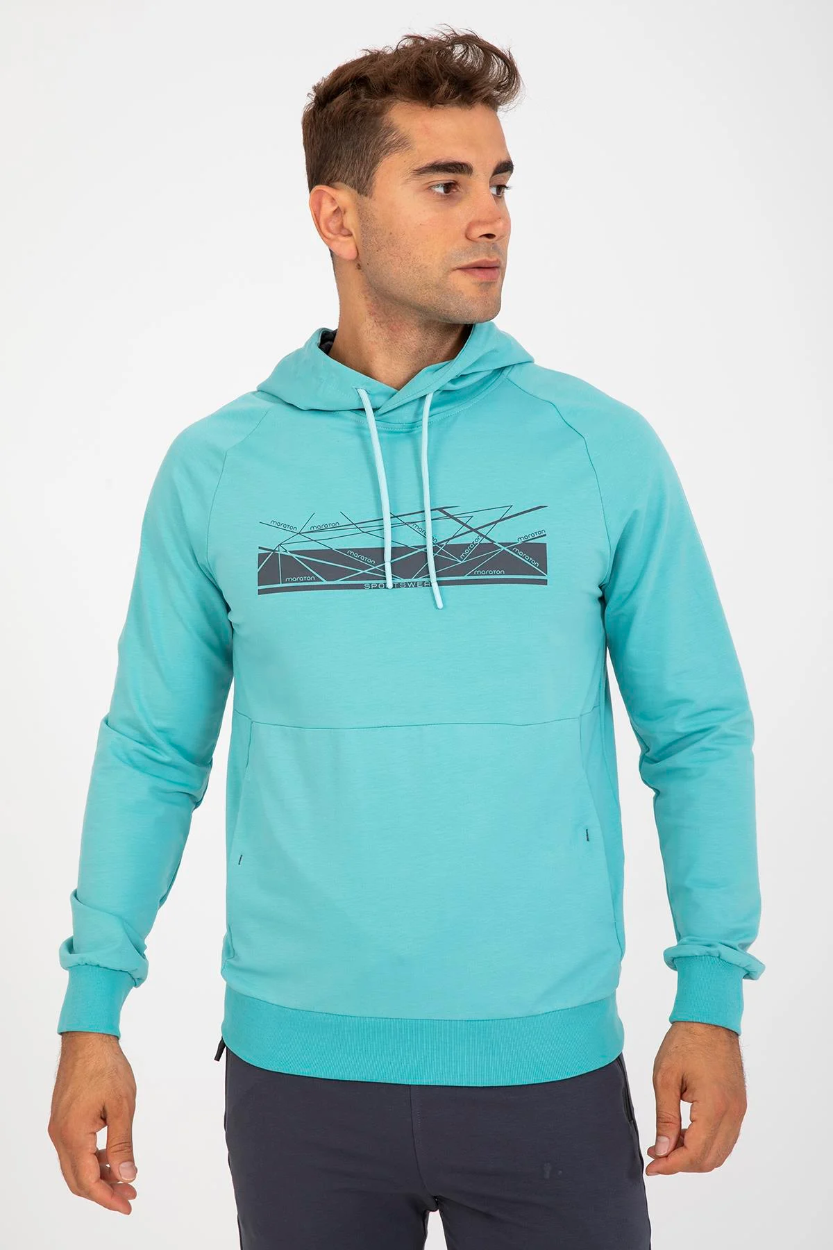Maraton Regular Erkek Kapüşonlu Turkuaz Sweatshirt