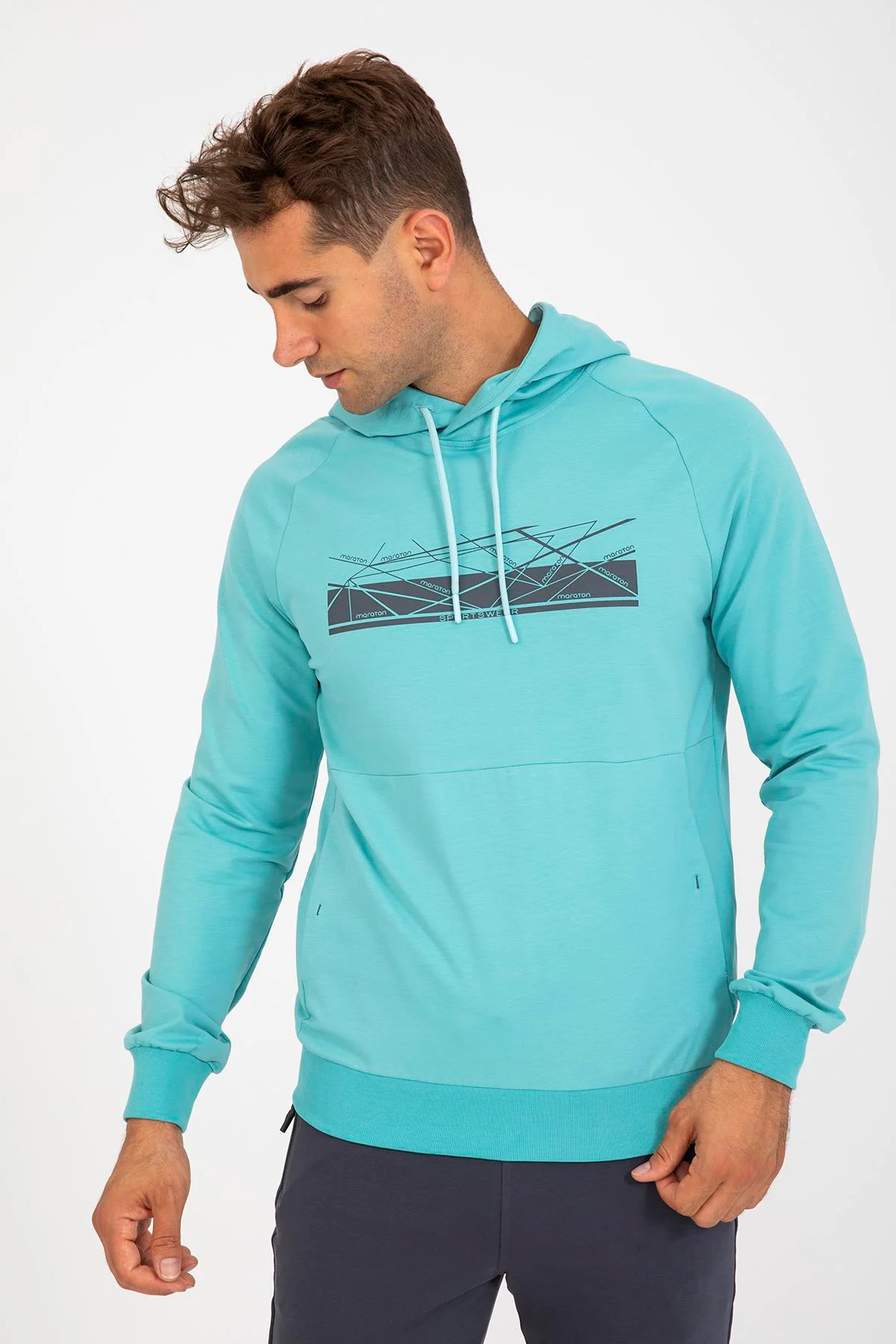 Maraton Regular Erkek Kapüşonlu Turkuaz Sweatshirt - 4