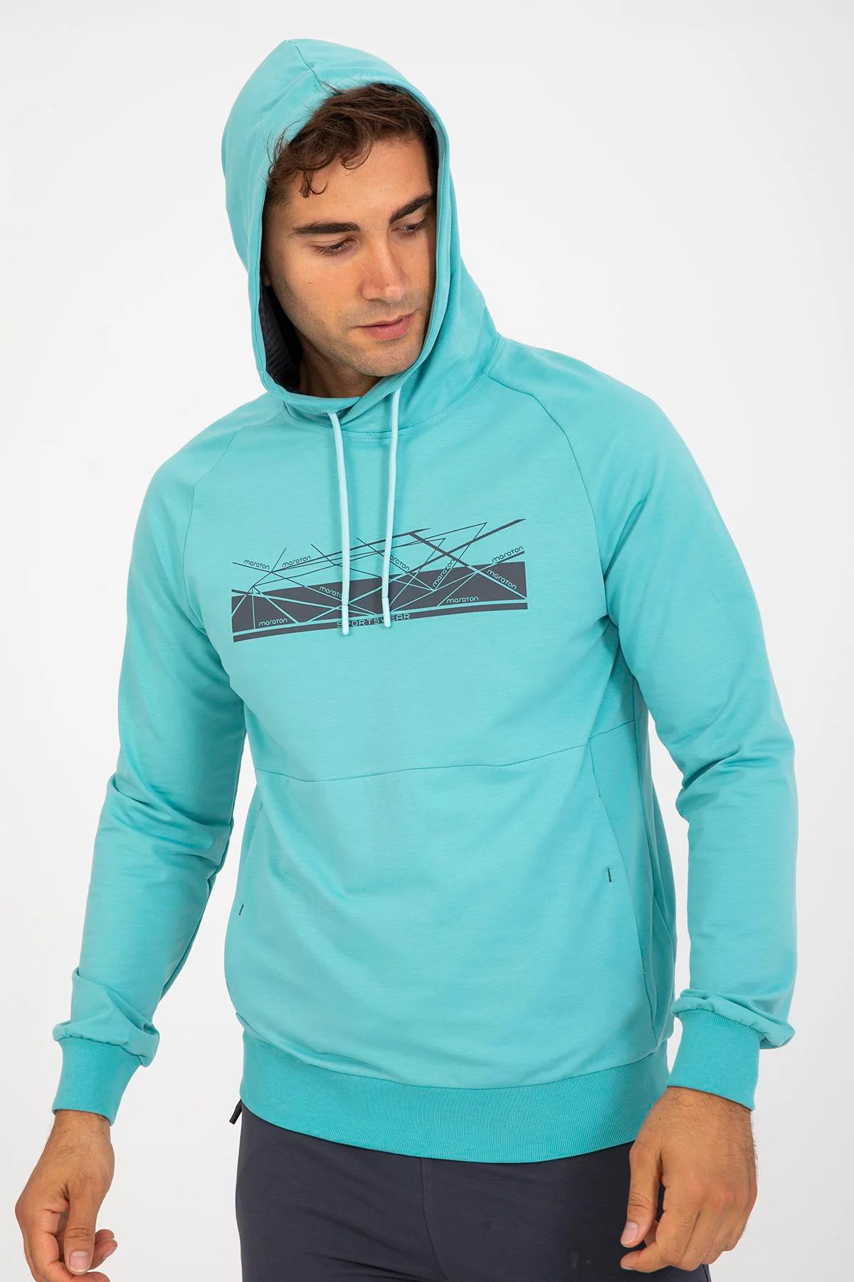 Maraton Regular Erkek Kapüşonlu Turkuaz Sweatshirt - 5