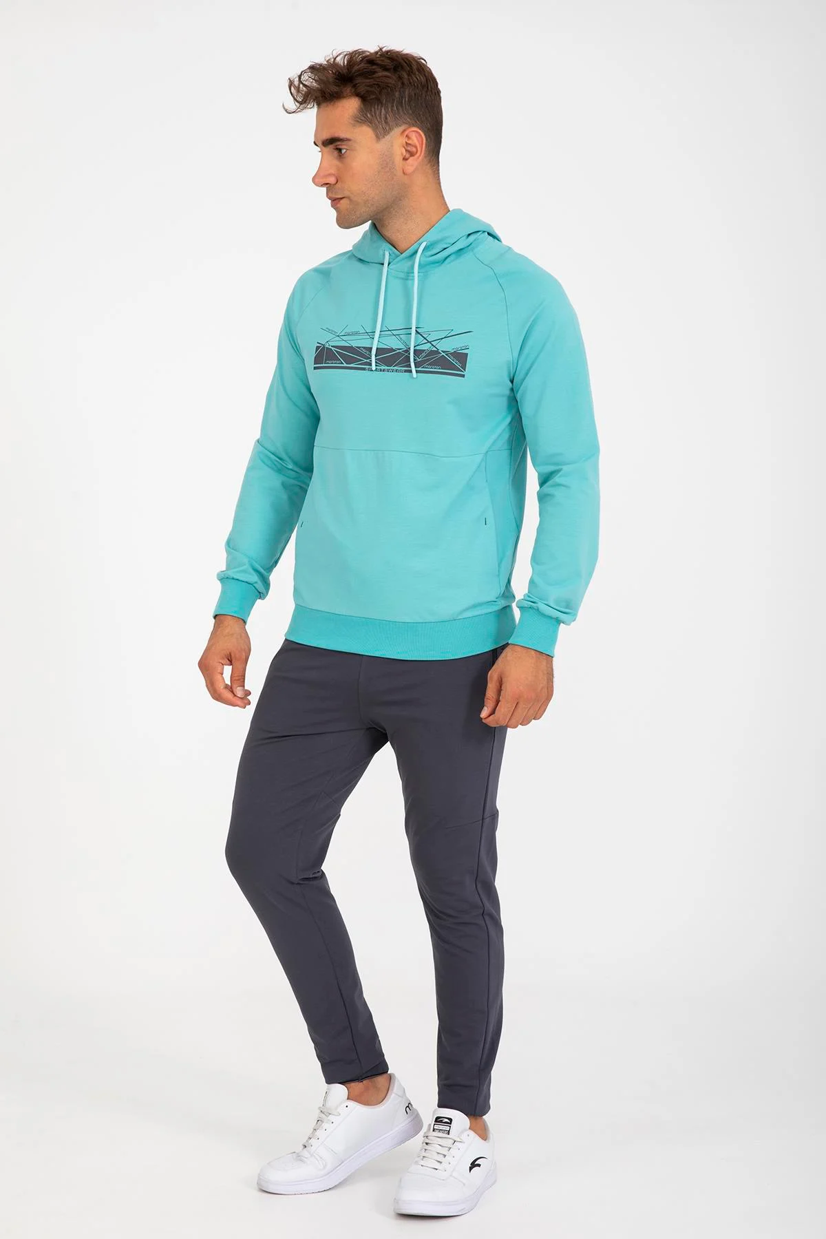 Maraton Regular Erkek Kapüşonlu Turkuaz Sweatshirt - 6