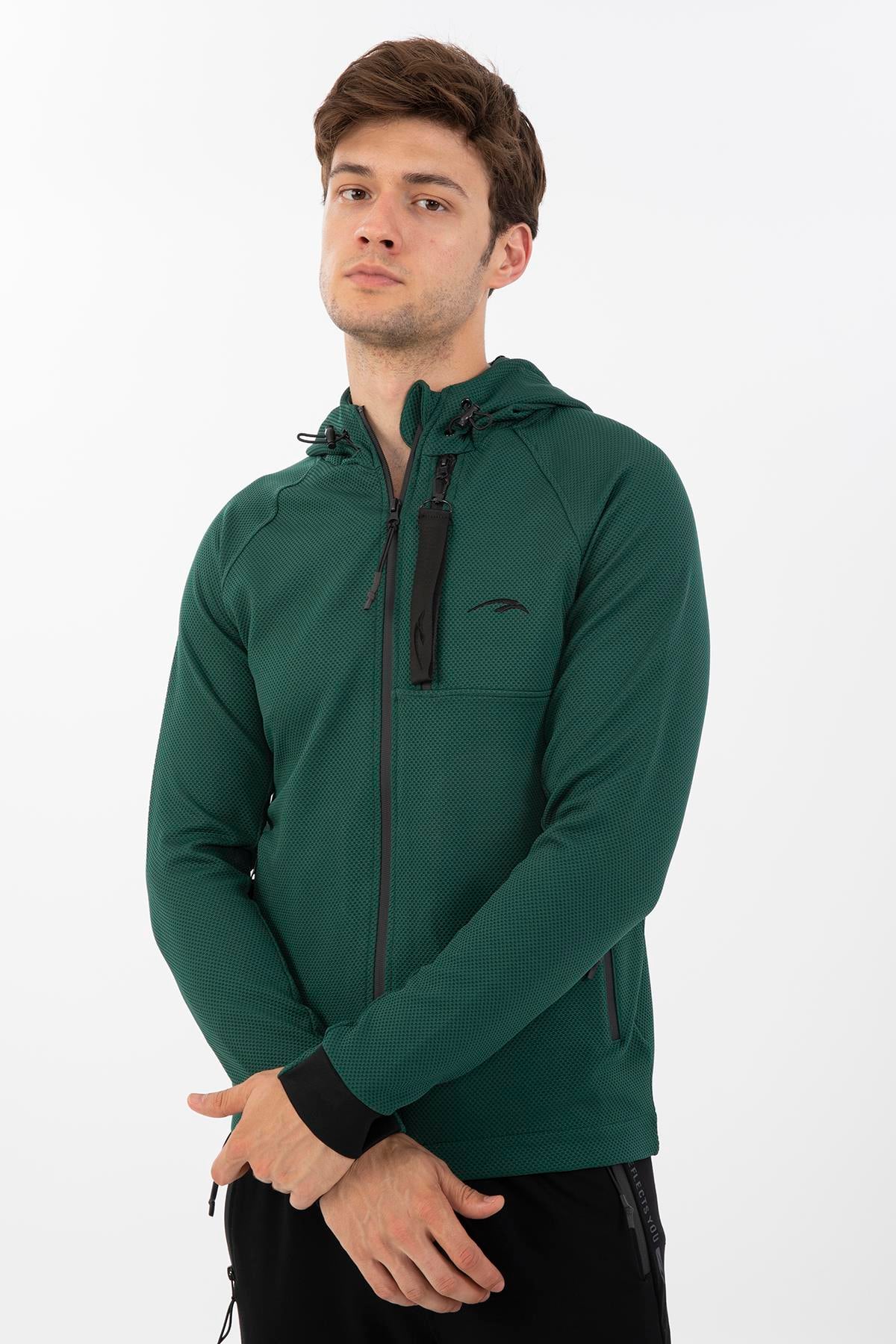 Maraton Regular Erkek Kapüşonlu Yeşil Eşofman Üstü