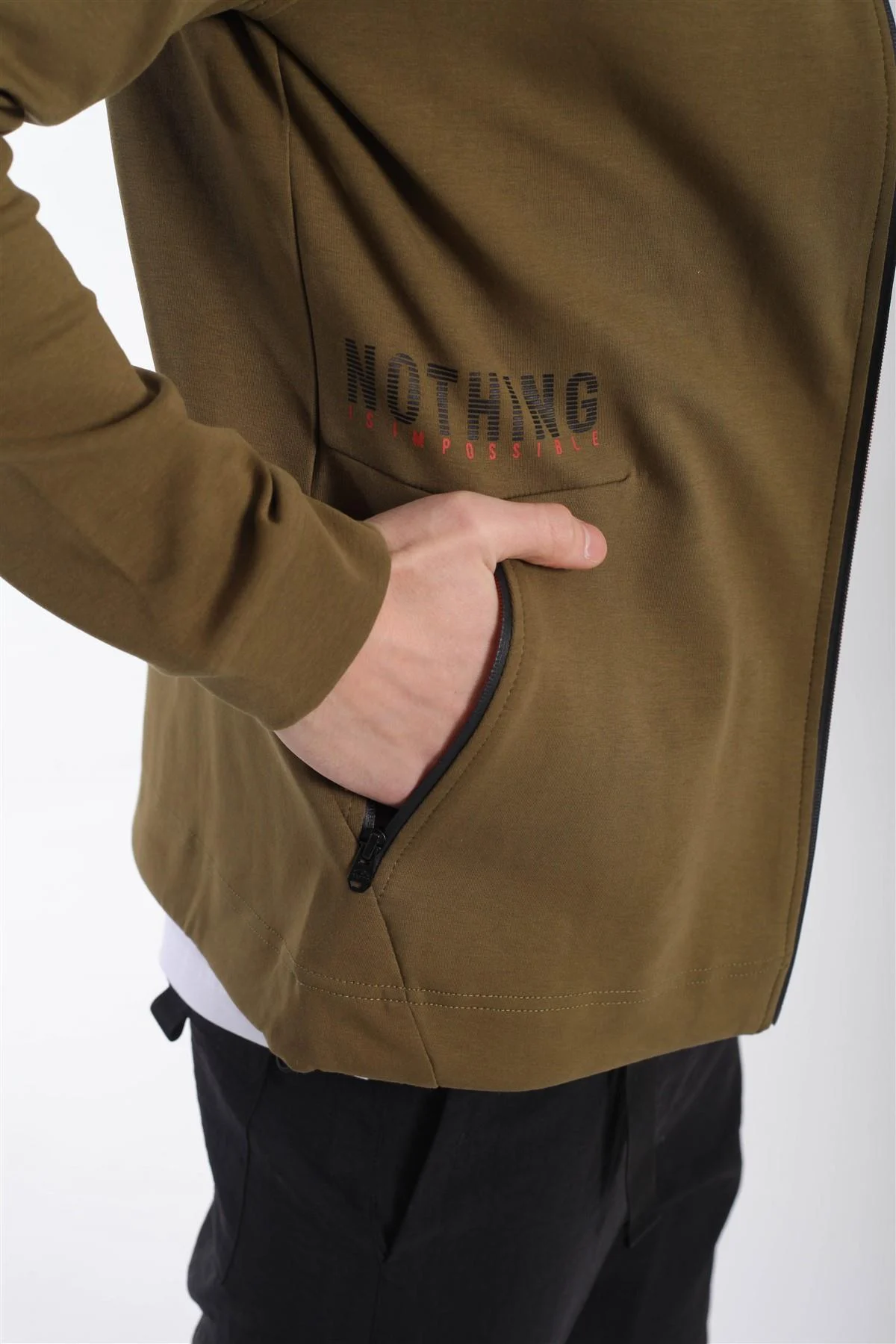 Maraton Regular Erkek Kapüşonlu Zeytin Eşofman Üstü - 5