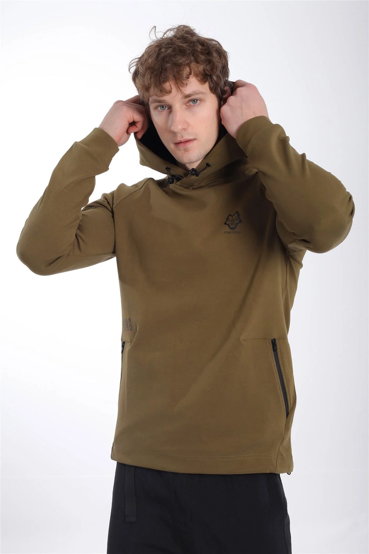 Maraton Regular Erkek Kapüşonlu Zeytin Sweatshirt