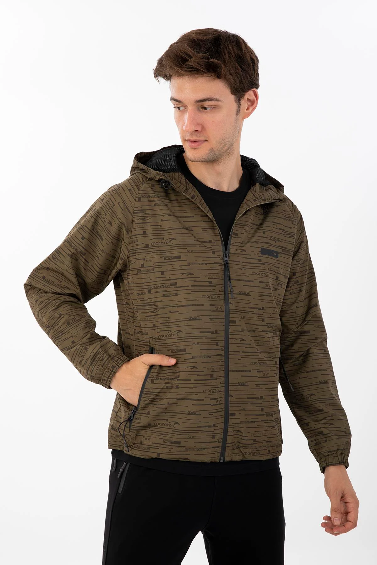 Maraton Regular Erkek Kapüşonlu Zeytin Yağmurluk