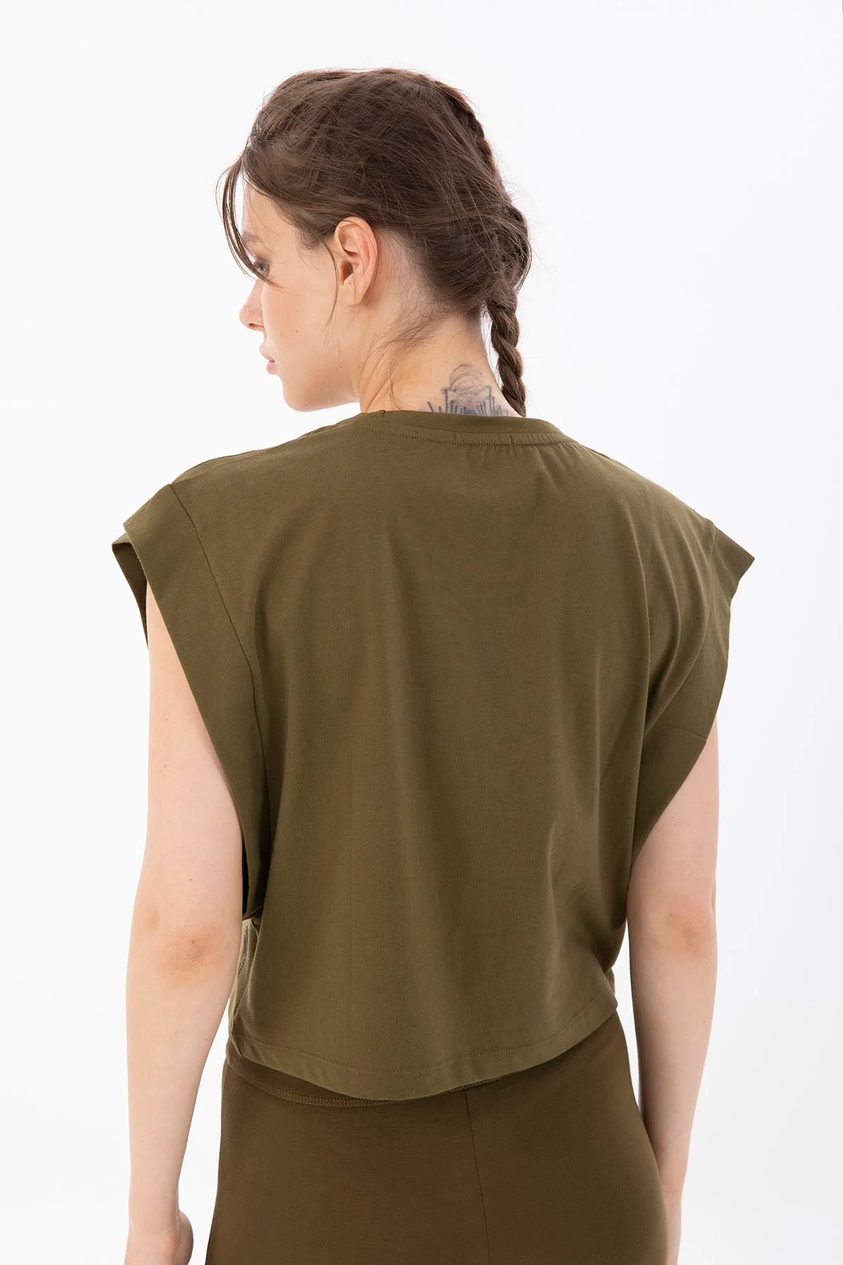 Maraton Regular Kadın Bisiklet Yaka Zeytin Crop Top - 3