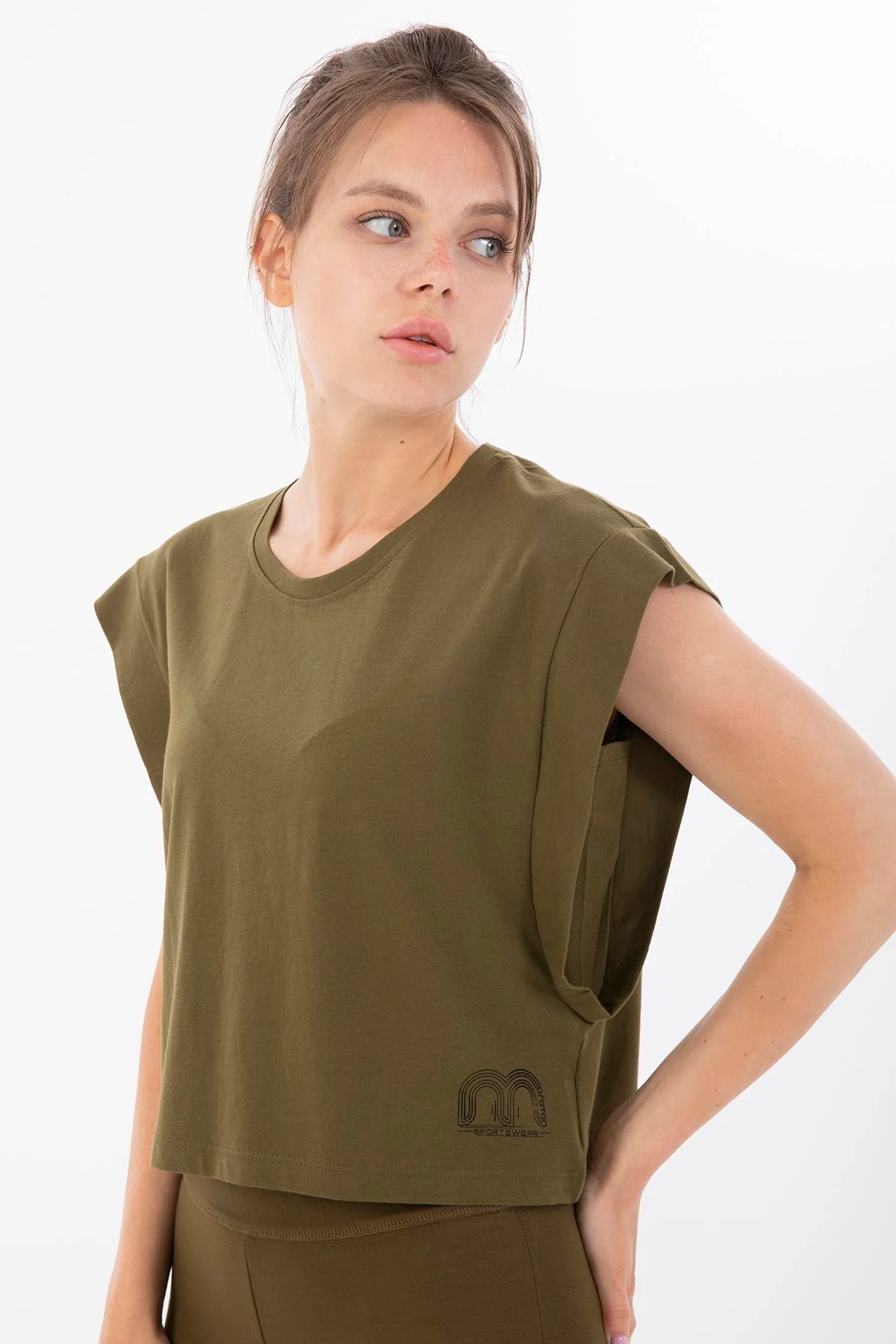 Maraton Regular Kadın Bisiklet Yaka Zeytin Crop Top - 5