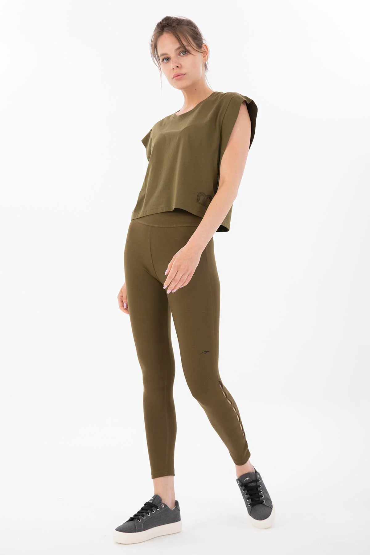 Maraton Regular Kadın Bisiklet Yaka Zeytin Crop Top - 6