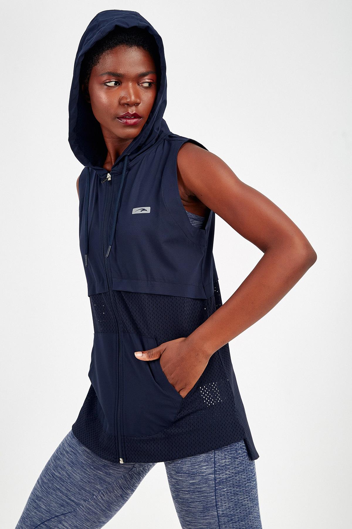 Maraton Regular Kadın Kapüşonlu Açık Lacivert Yelek - 4