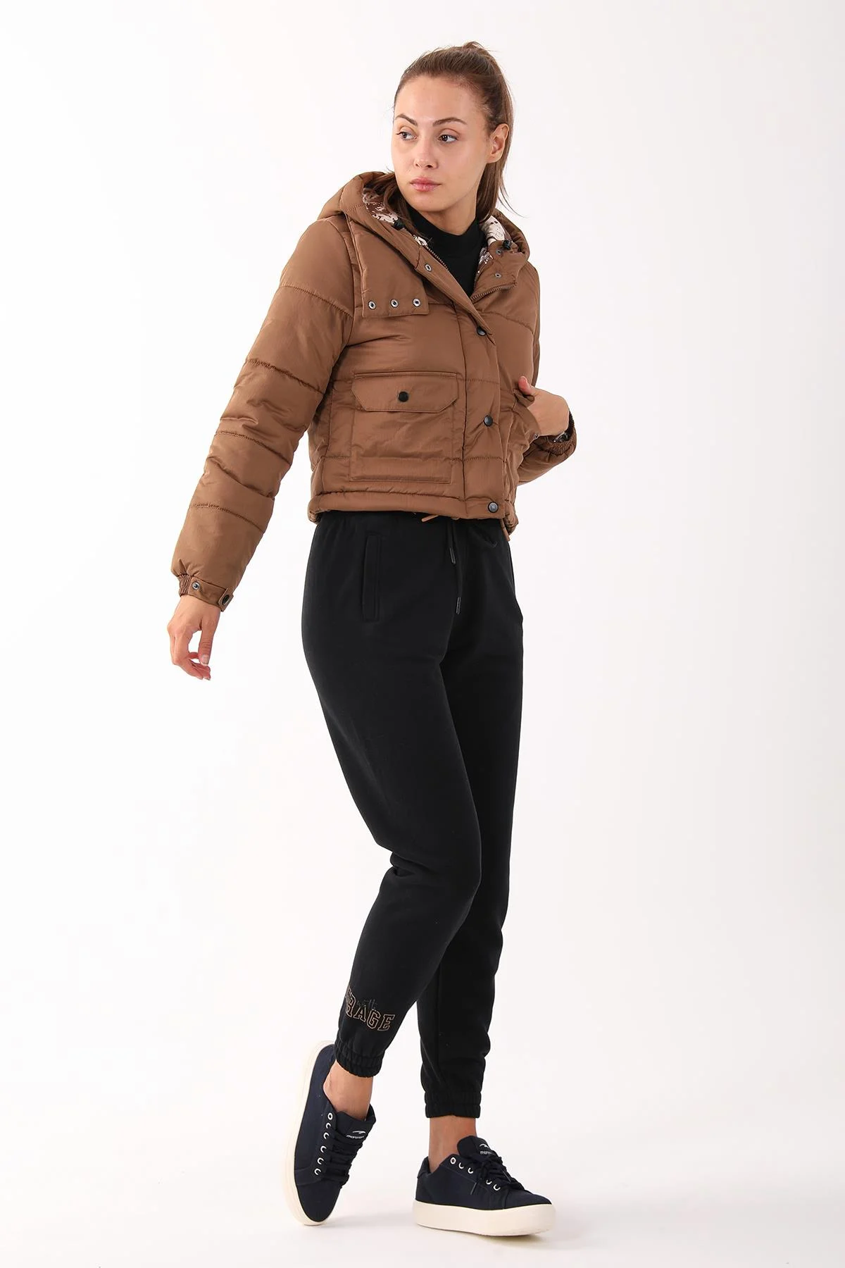 Maraton Regular Kadın Kapüşonlu Taba Mont - 5