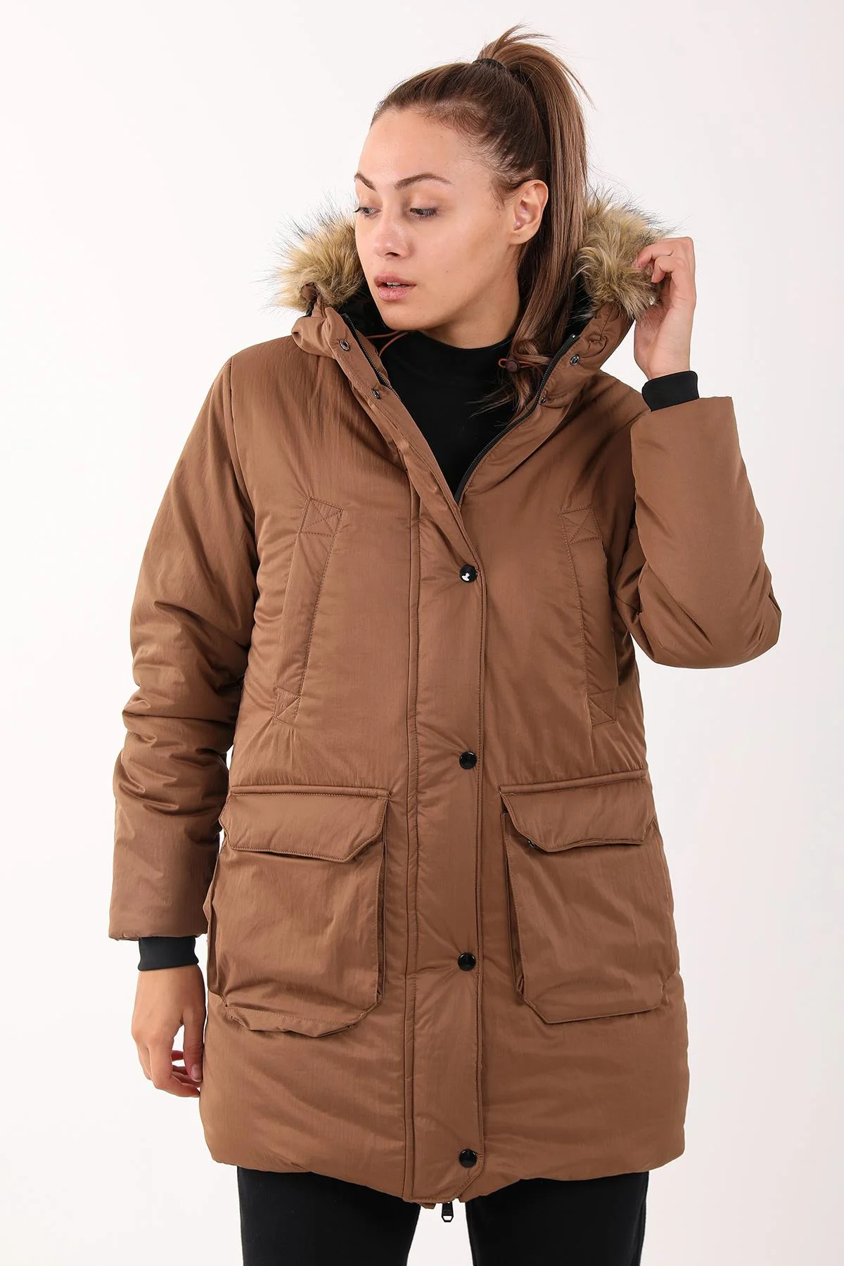 Maraton Regular Kadın Kapüşonlu Taba Parka