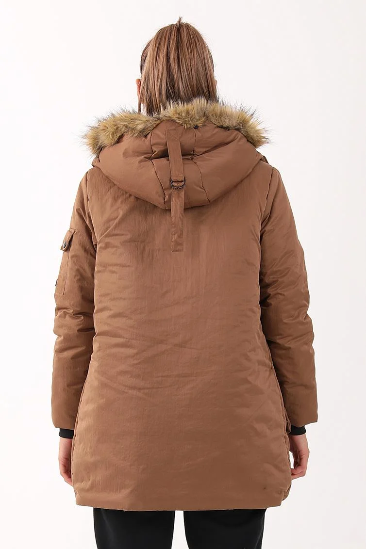 Maraton Regular Kadın Kapüşonlu Taba Parka - 3