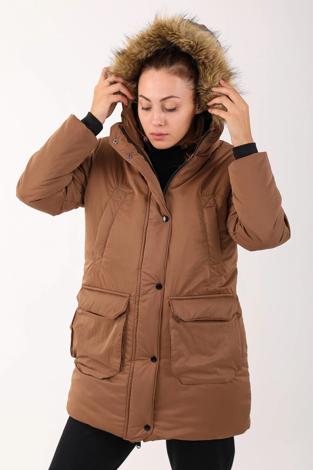 Maraton Regular Kadın Kapüşonlu Taba Parka - 4