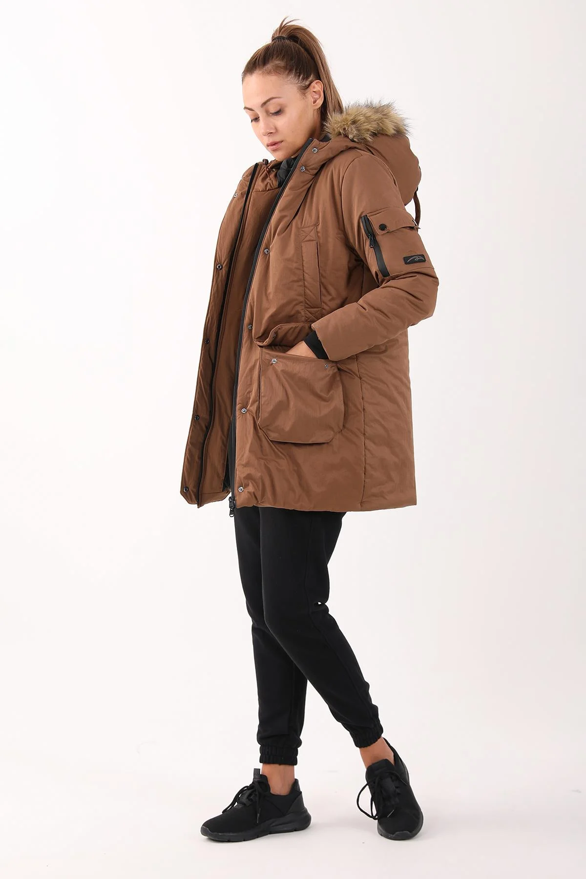 Maraton Regular Kadın Kapüşonlu Taba Parka - 5