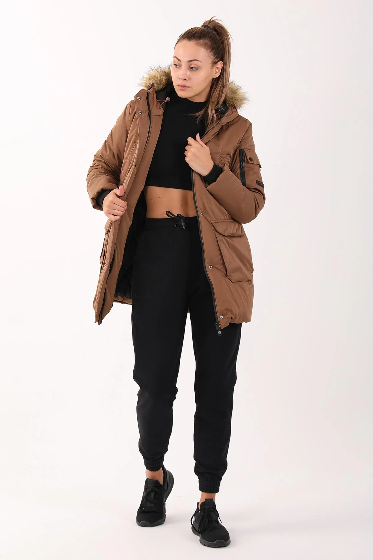 Maraton Regular Kadın Kapüşonlu Taba Parka - 6