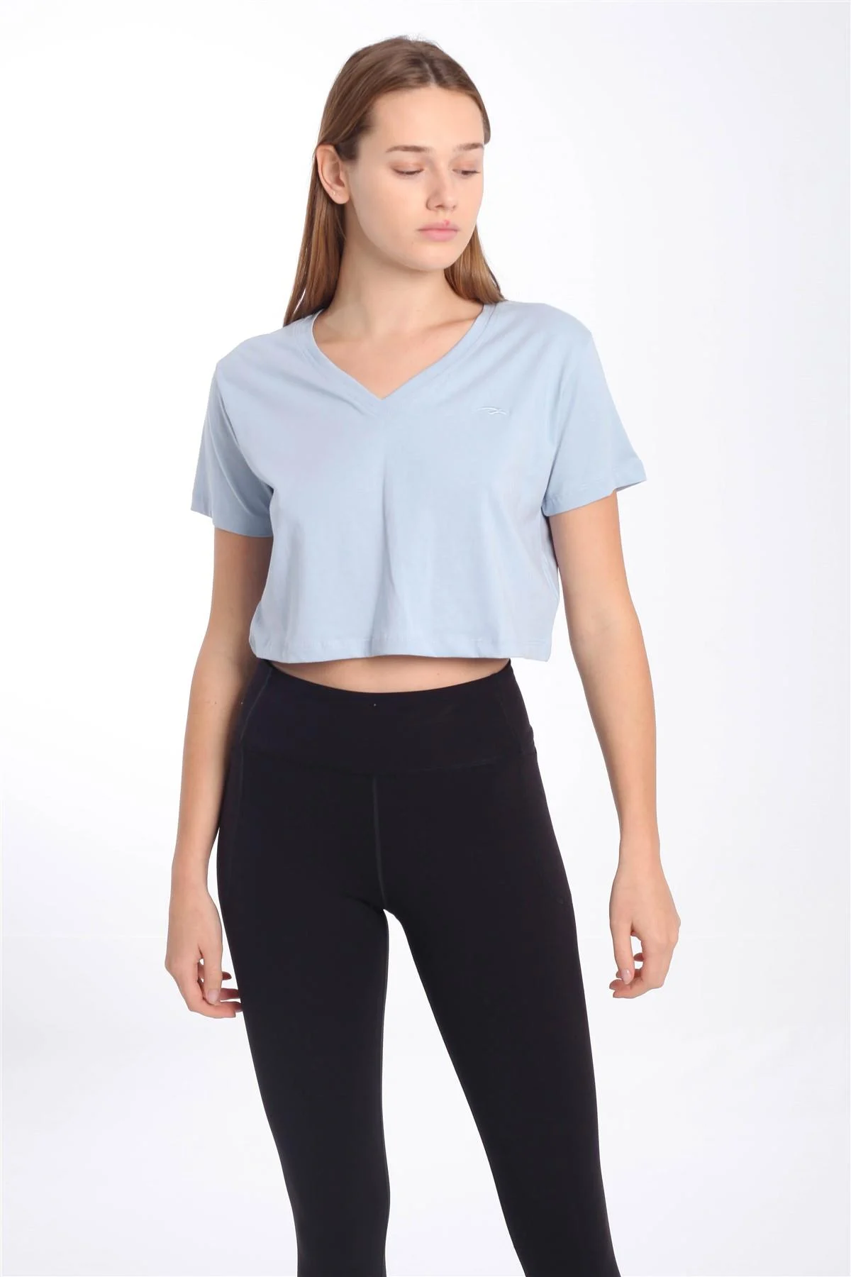 Maraton Regular Kadın V Yaka Mavi Crop Top